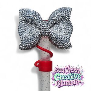 Silver Glitter & Red Bow Straw Topper | Bow Straw Cover - Fits 10mm Straws